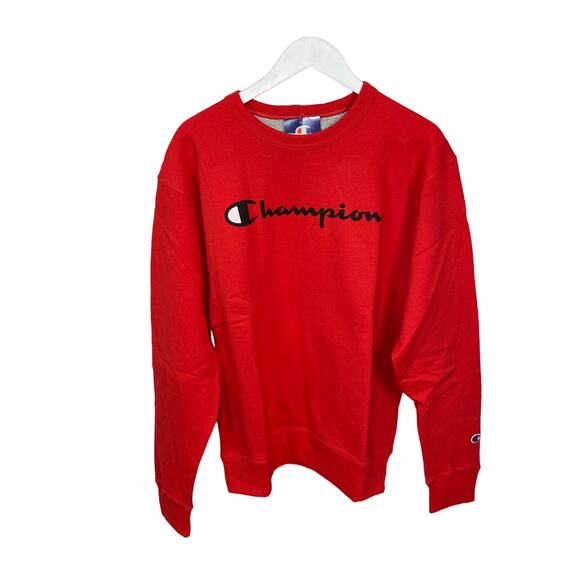 Champion Powerblend Fleece Crew Neck Sweatshirt Red Scrip Logo Men Medium NWT - Picture 1 of 7